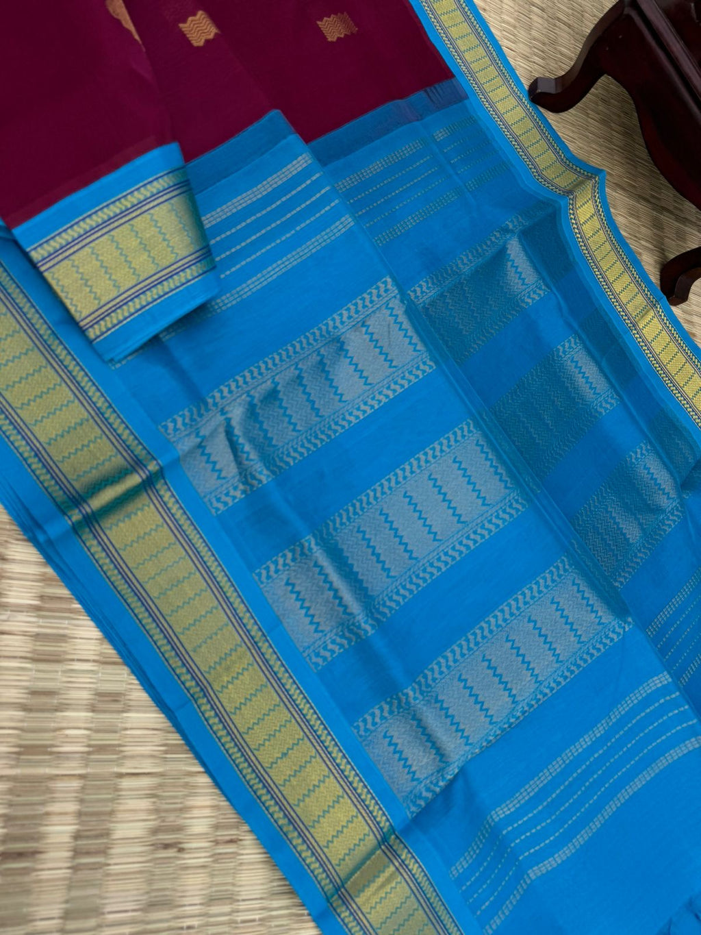 Korvai Silk Cottons - burgundy and sulphate blue with woven buttas