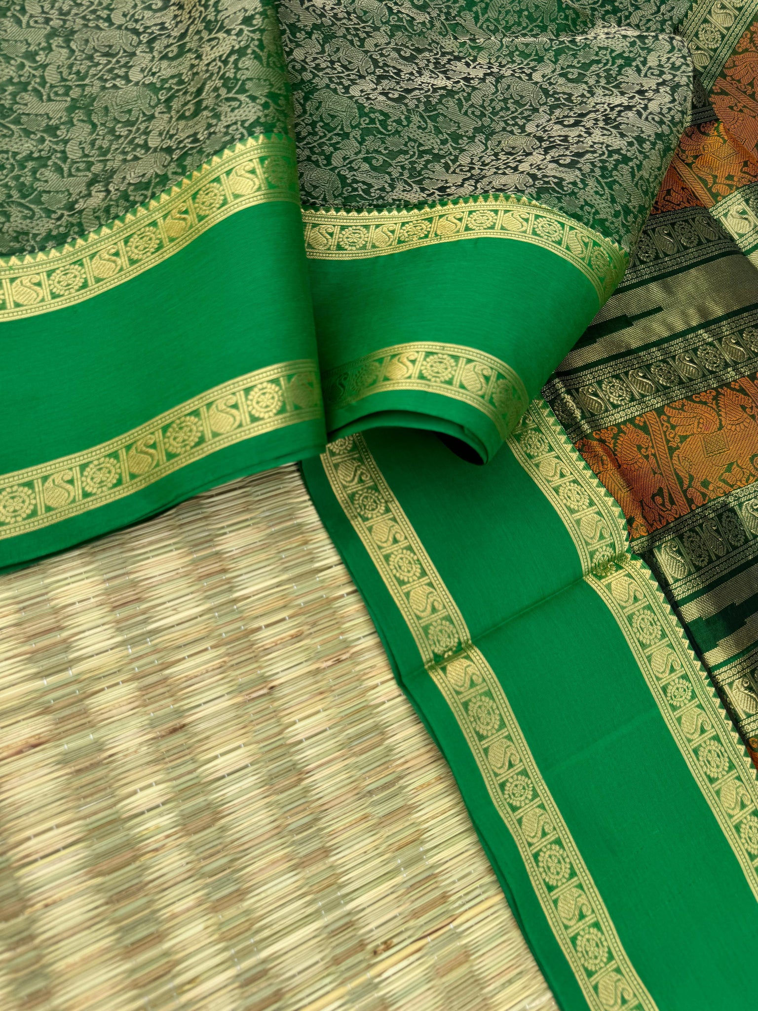 Woven Motifs Silk Cotton - dark green vanasingaram