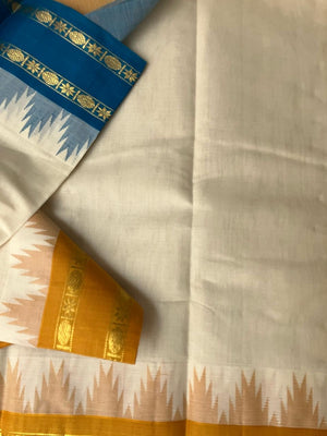 Cotton Body Silk Borders - mustard and blue silk borders