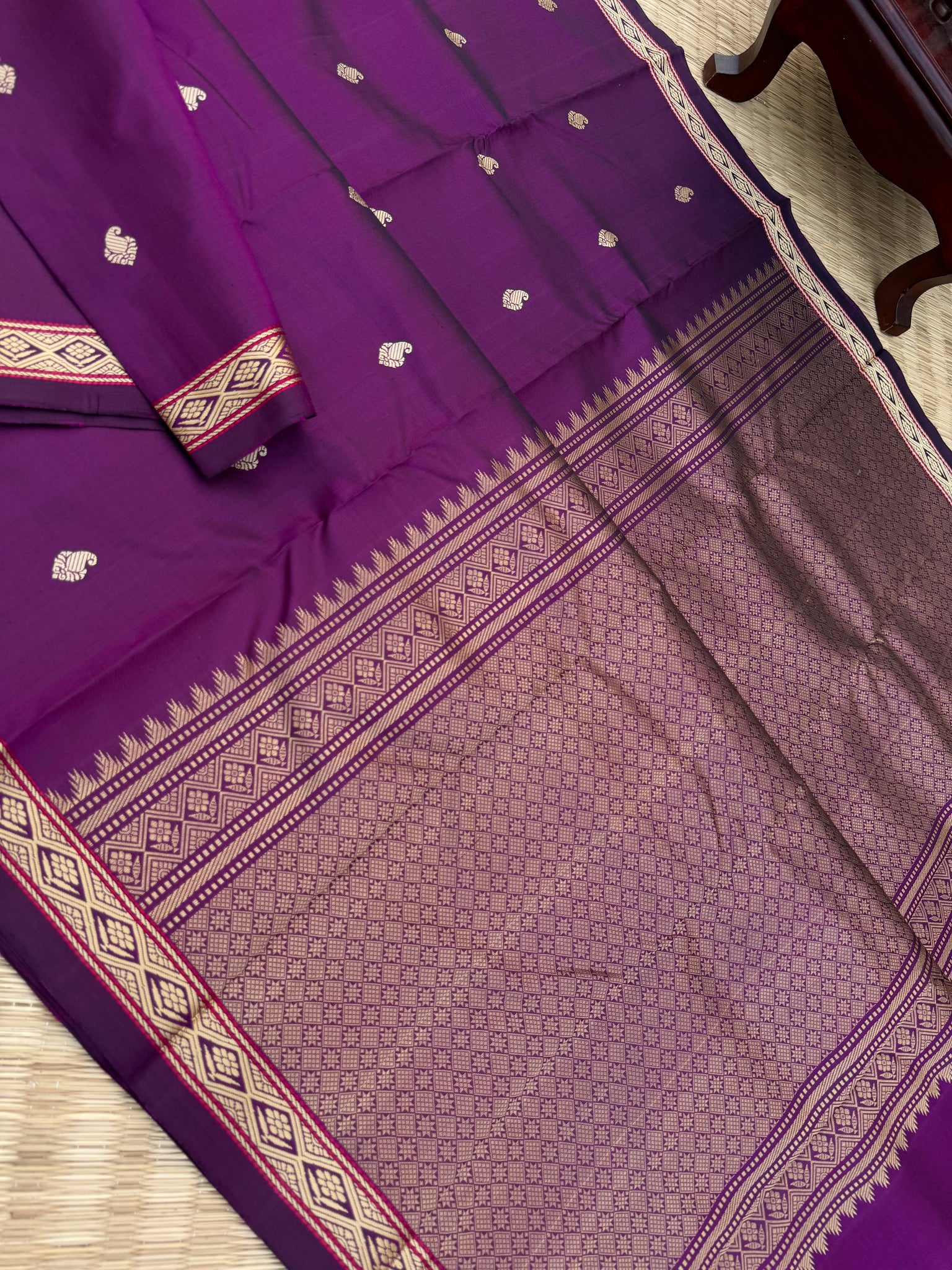 Woven from Memories - Stunning No Zari Kanchivarams - deep dark brinjal purple with vintage small borders Kanchivaram