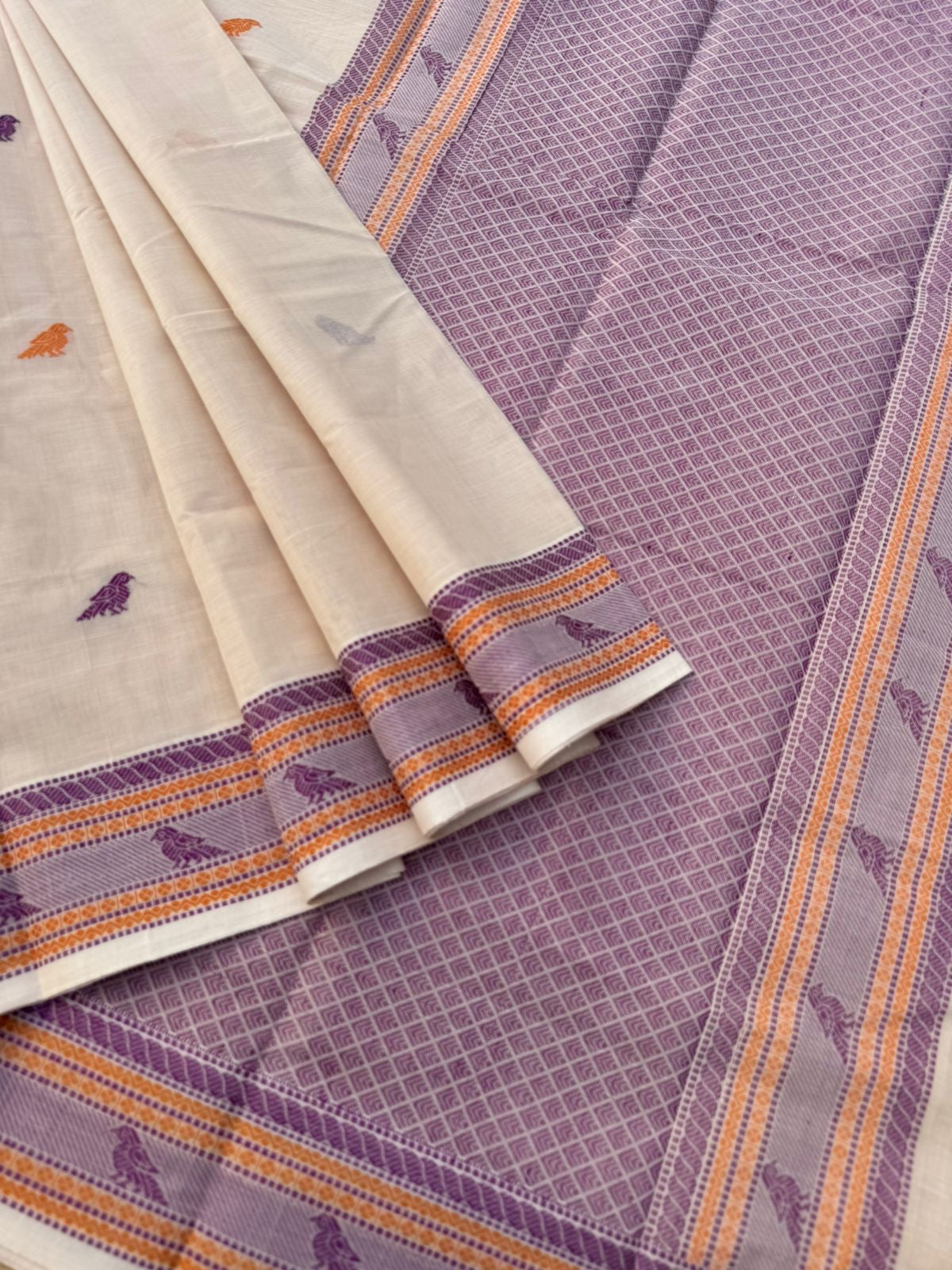 Mangalavastaram - off white with birds woven buttas and borders