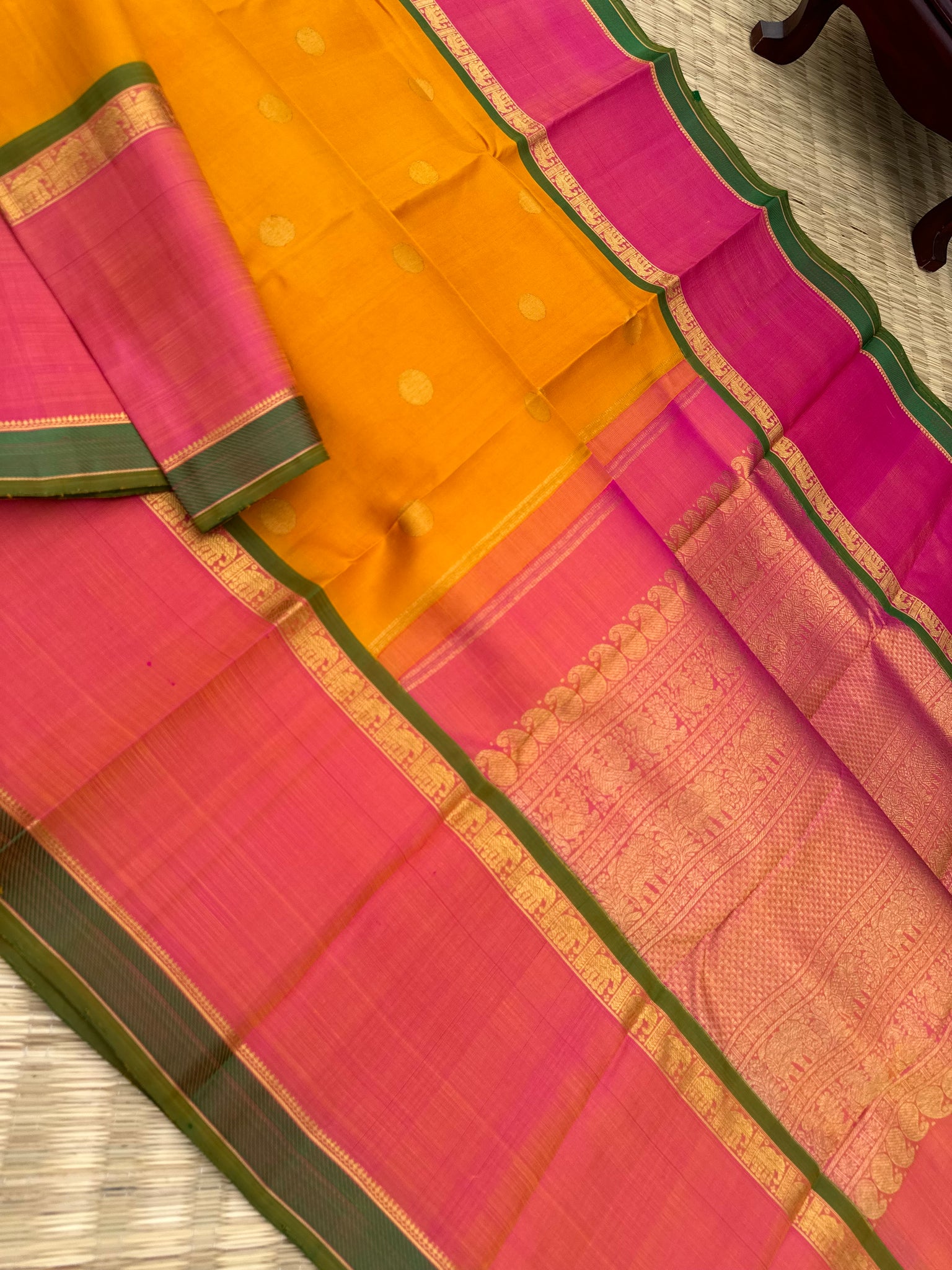 Diwali Edits - Kanchivaram For All Occasions - most beautiful mustard and peach with reatt pett woven borders