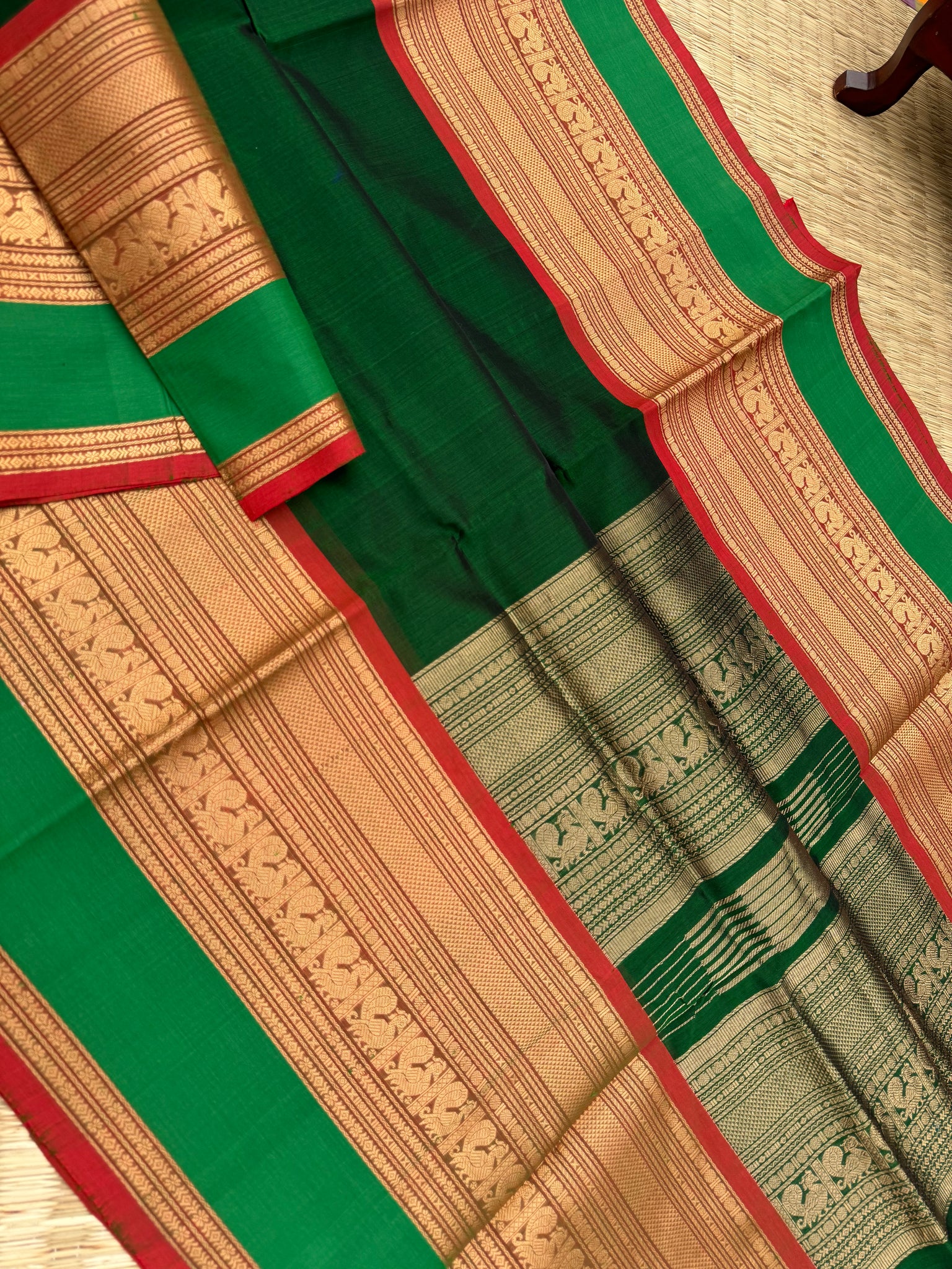Zari Kissed Silk Cotton - deep dark green with grandest woven borders