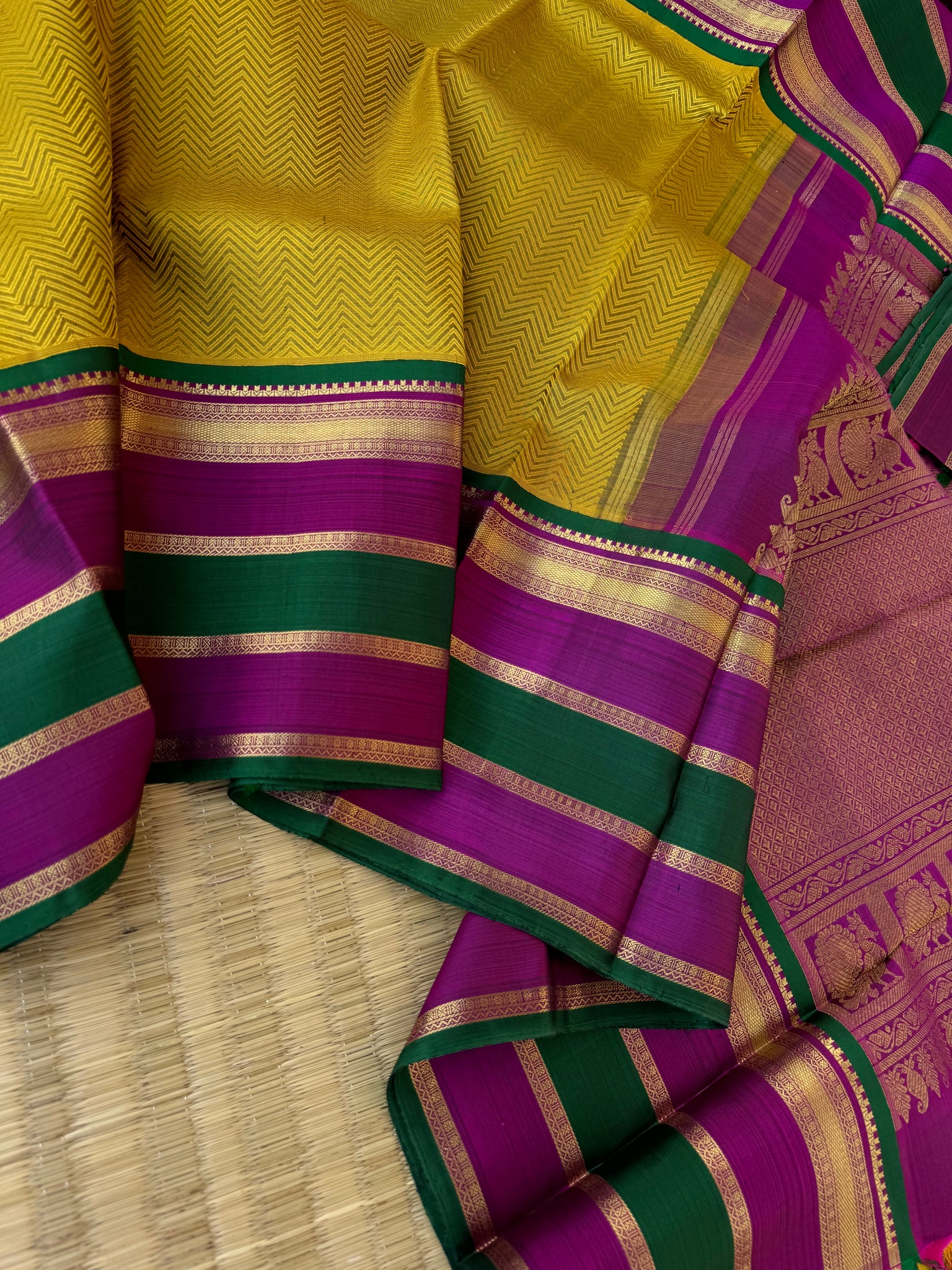 Haritham - Heirloom Yarn Play on Kanchivaram - stunning golden mustard with chevron v pattern woven body