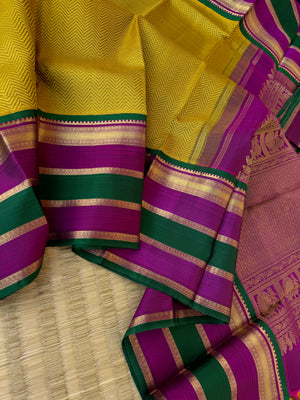 Haritham - Heirloom Yarn Play on Kanchivaram - stunning golden mustard with chevron v pattern woven body