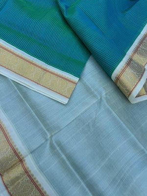 Korvai Silk Cottons -dual tone aqua blue green podi kattam with off white pallu and blouse