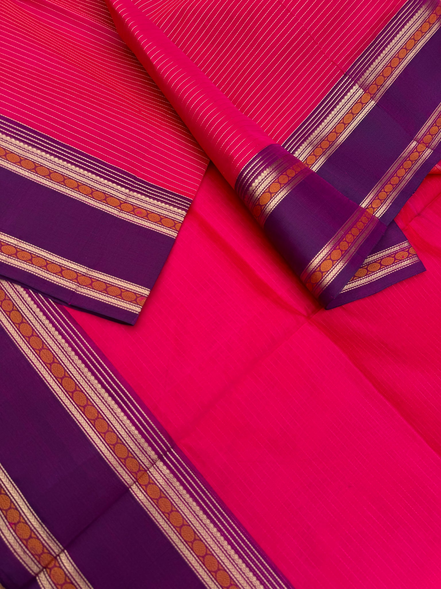 Zari Kissed Silk Cotton - a red pink and purple vairaoosi with vintage vibe borders