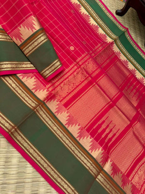 Zari Kissed Silk Cotton - traditional red mixed pink with thalampoo woven borders with kattam buttas woven body