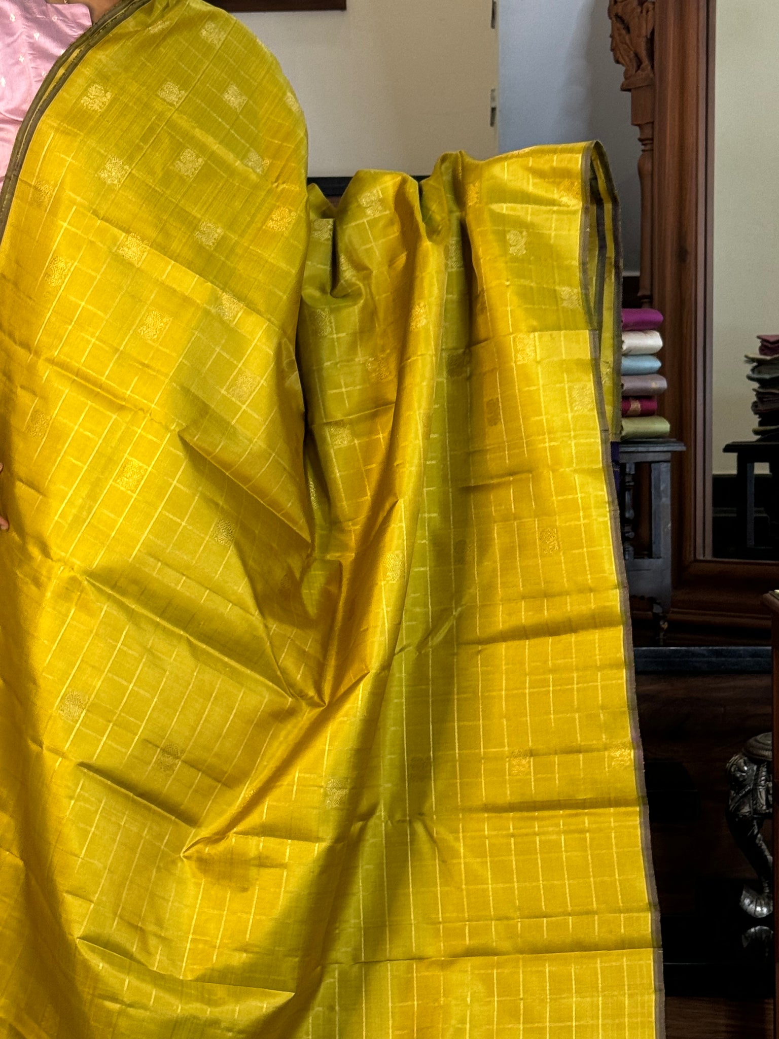 Mohaa - Beautiful Borderless Kanchivaram - a sampanga yellow and deep dark ink blue with chex woven annapakshi borders