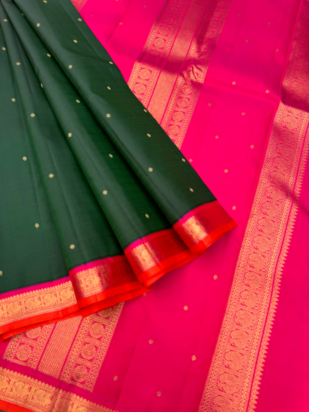 Aarambam - Where Tradition Begins - deep dark bottle green meet rain pink for people who love small borders