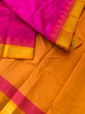 Divyam - Korvai Silk Cotton with Pure Silk Woven Borders - rani pink and mustard Chexs