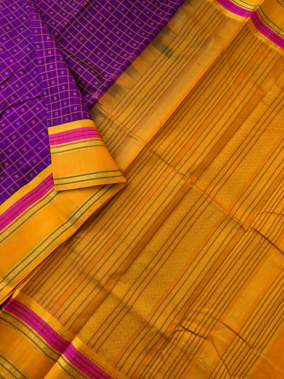 Divyam - Korvai Silk Cotton with Pure Silk Woven Borders - stunning deep violet purple and mustard Lakshadeepam