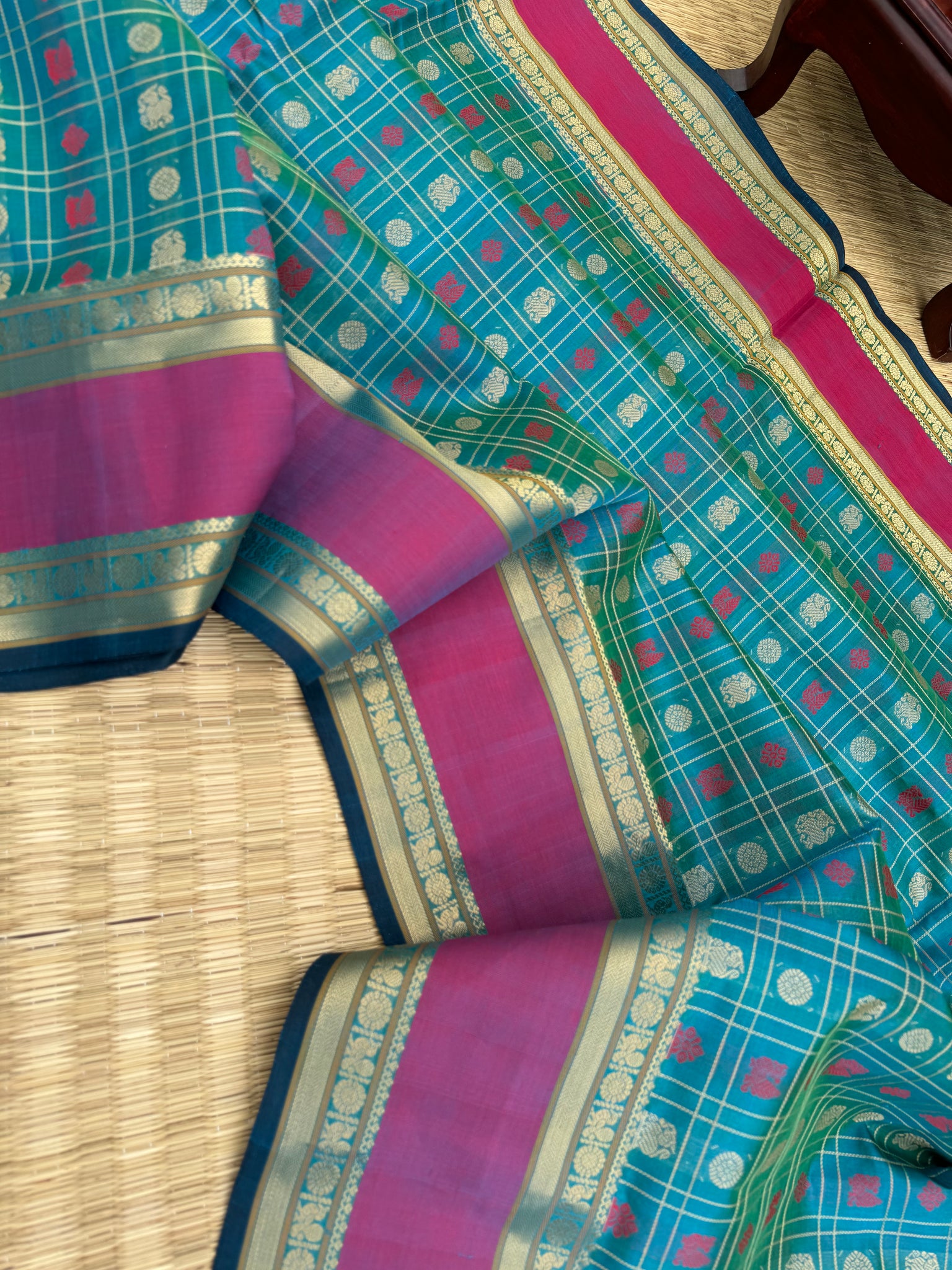 Woven Motifs Silk Cotton - a dual tone teal 1000 buttas