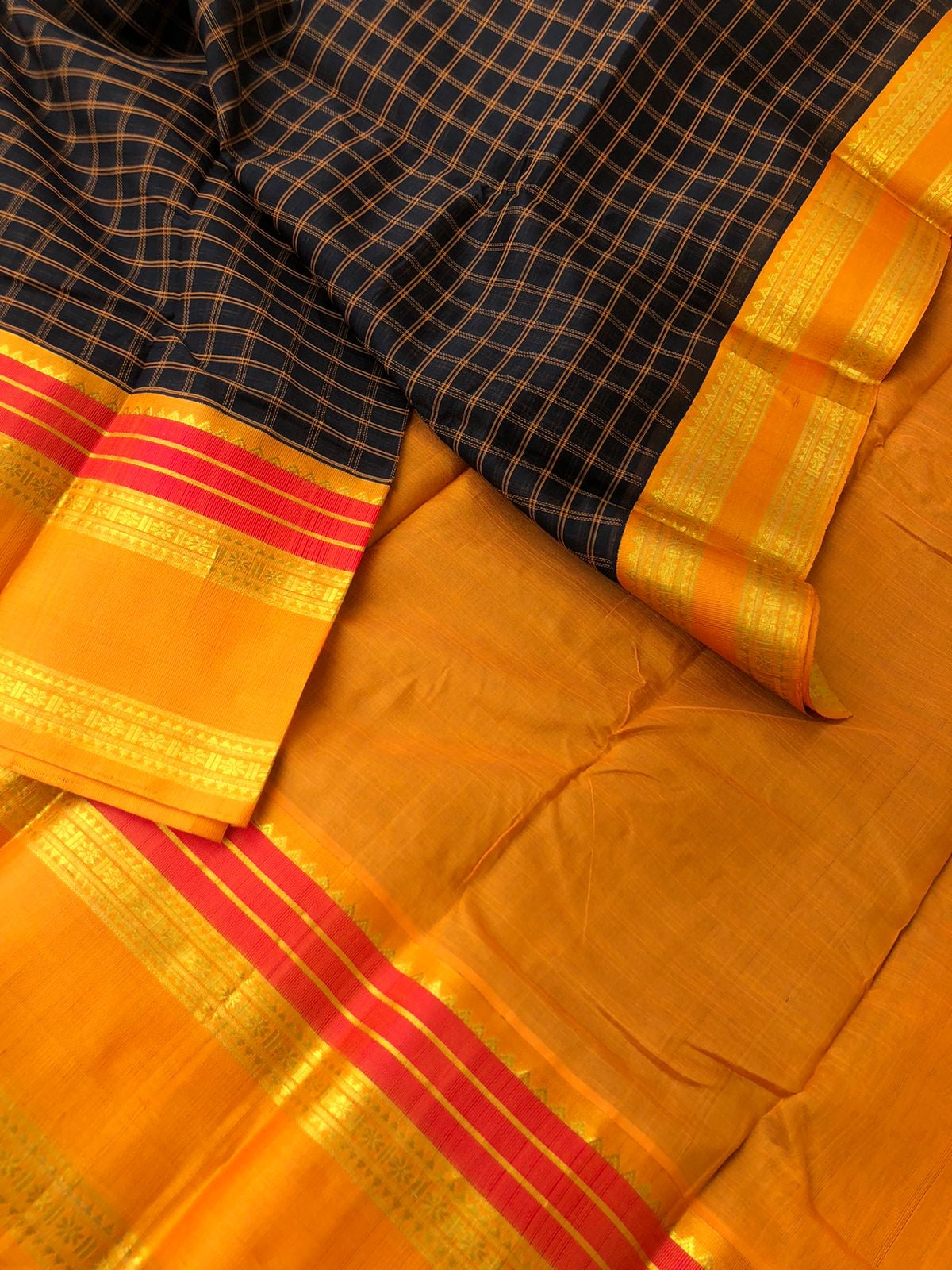 Divyam - Korvai Silk Cotton with Pure Silk Woven Borders - black and mustard chex is soo traditional