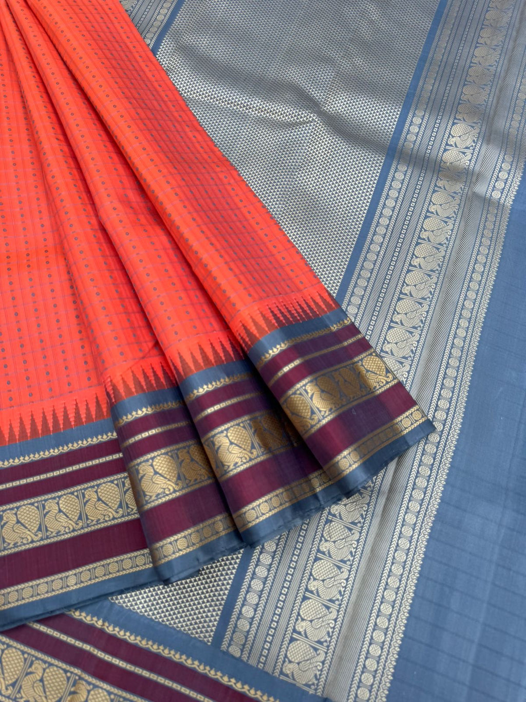 The Best of No Zari Korvai Kanchivaram - peach and grey lakshadeepam with annapakshi woven borders, the best creation of no Zari Kanchivaram