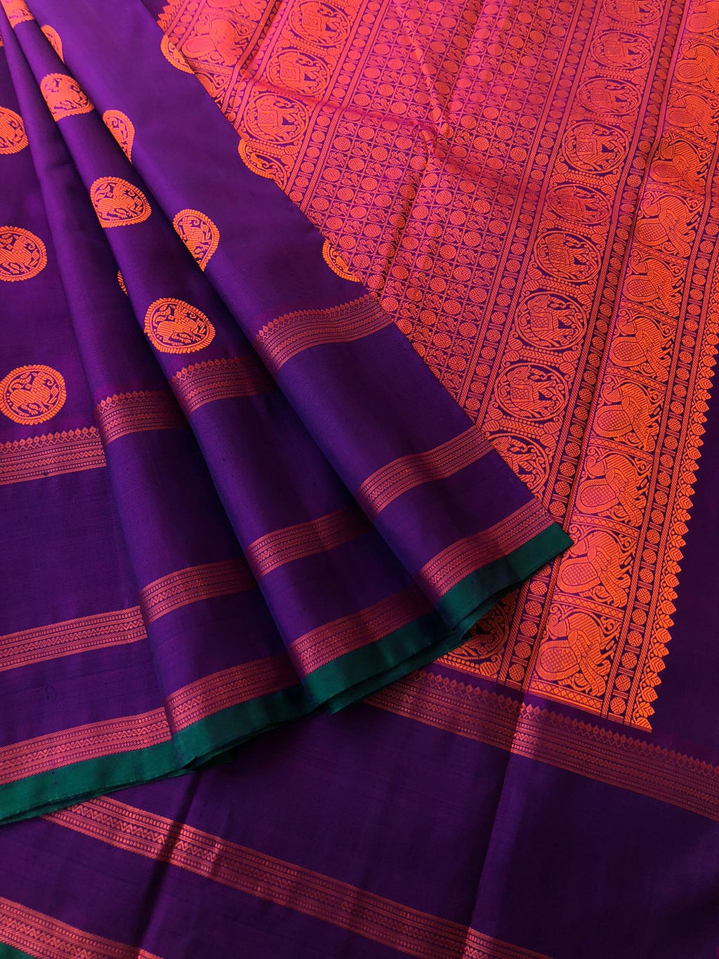 Leela - Legacy Of Kanchivarams - beautiful no zari Kanchivaram in dark deep brinjal purple with chackaram yali woven buttas