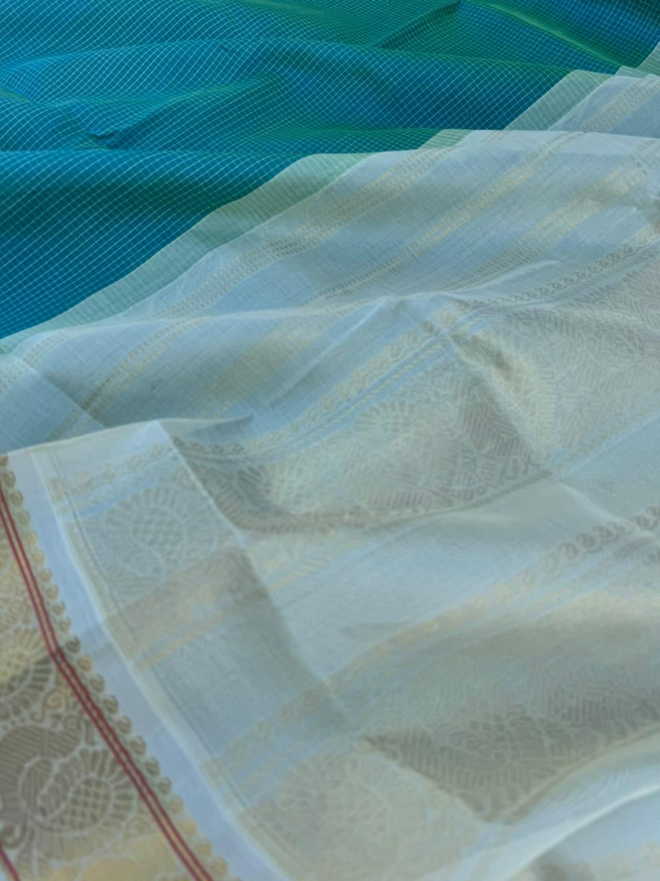 Korvai Silk Cottons -dual tone aqua blue green podi kattam with off white pallu and blouse