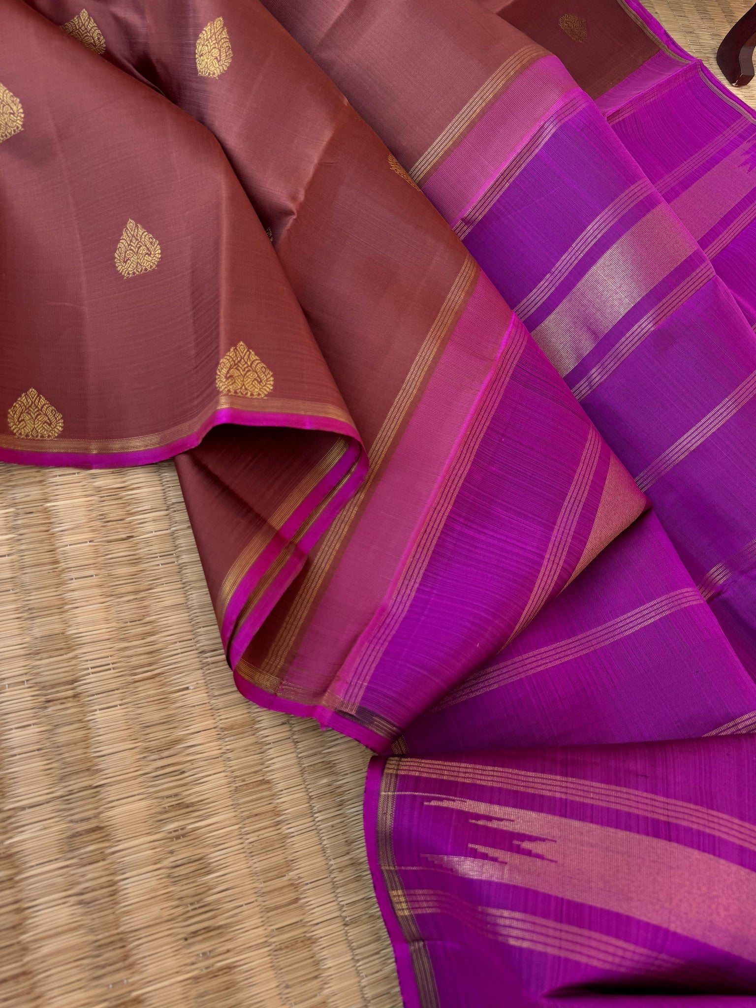 Molten Metallic Kanchivaram - Limited Edition | earthy brown and majentha borderless Kanchivaram with majenta buttas woven blouse