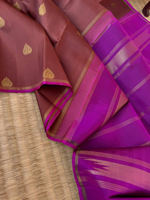 Molten Metallic Kanchivaram - Limited Edition | earthy brown and majentha borderless Kanchivaram with majenta buttas woven blouse
