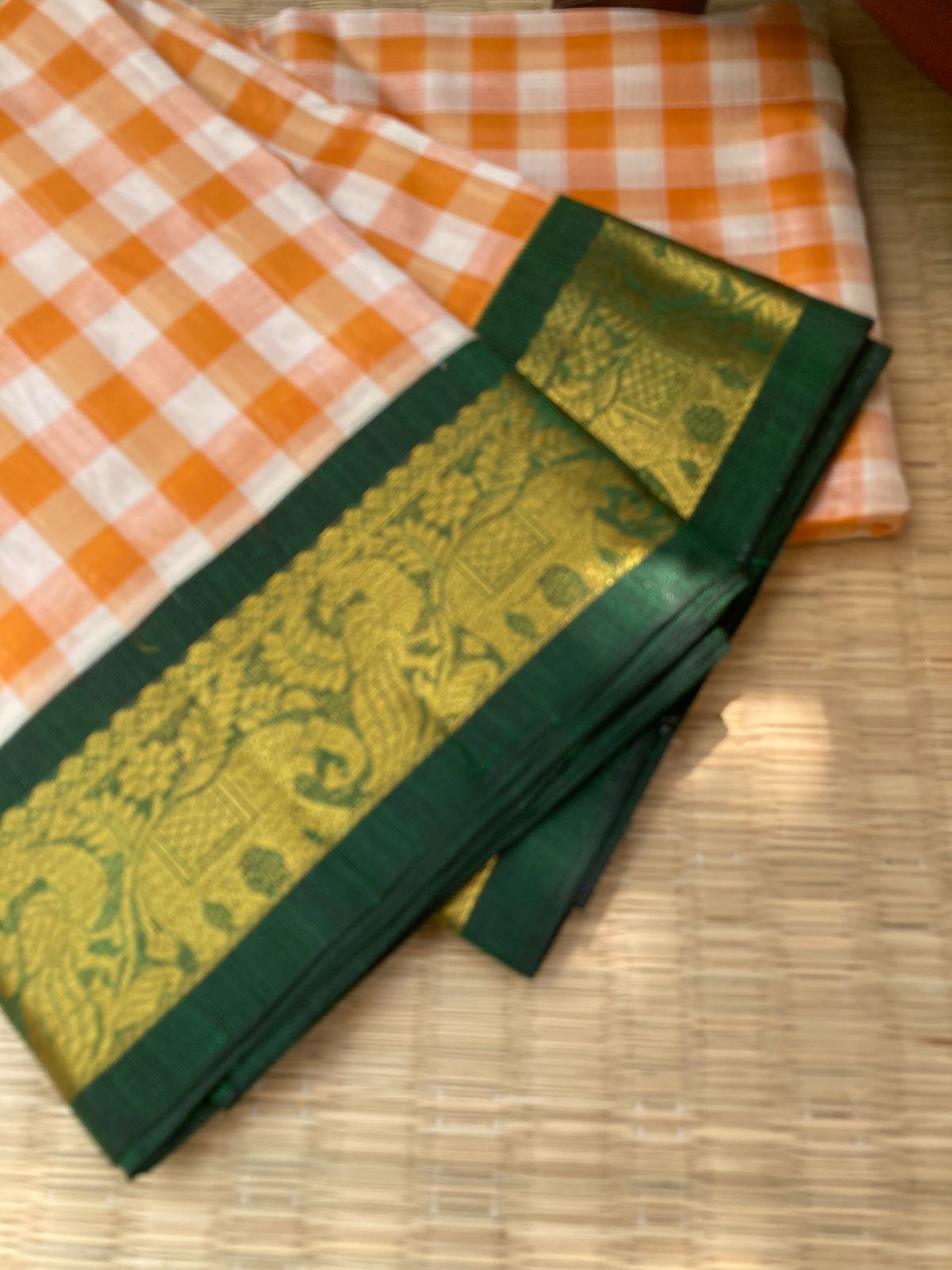 Paalum Palamum Kattams Korvai Silk Cottons - off white and orange with Meenakshi green