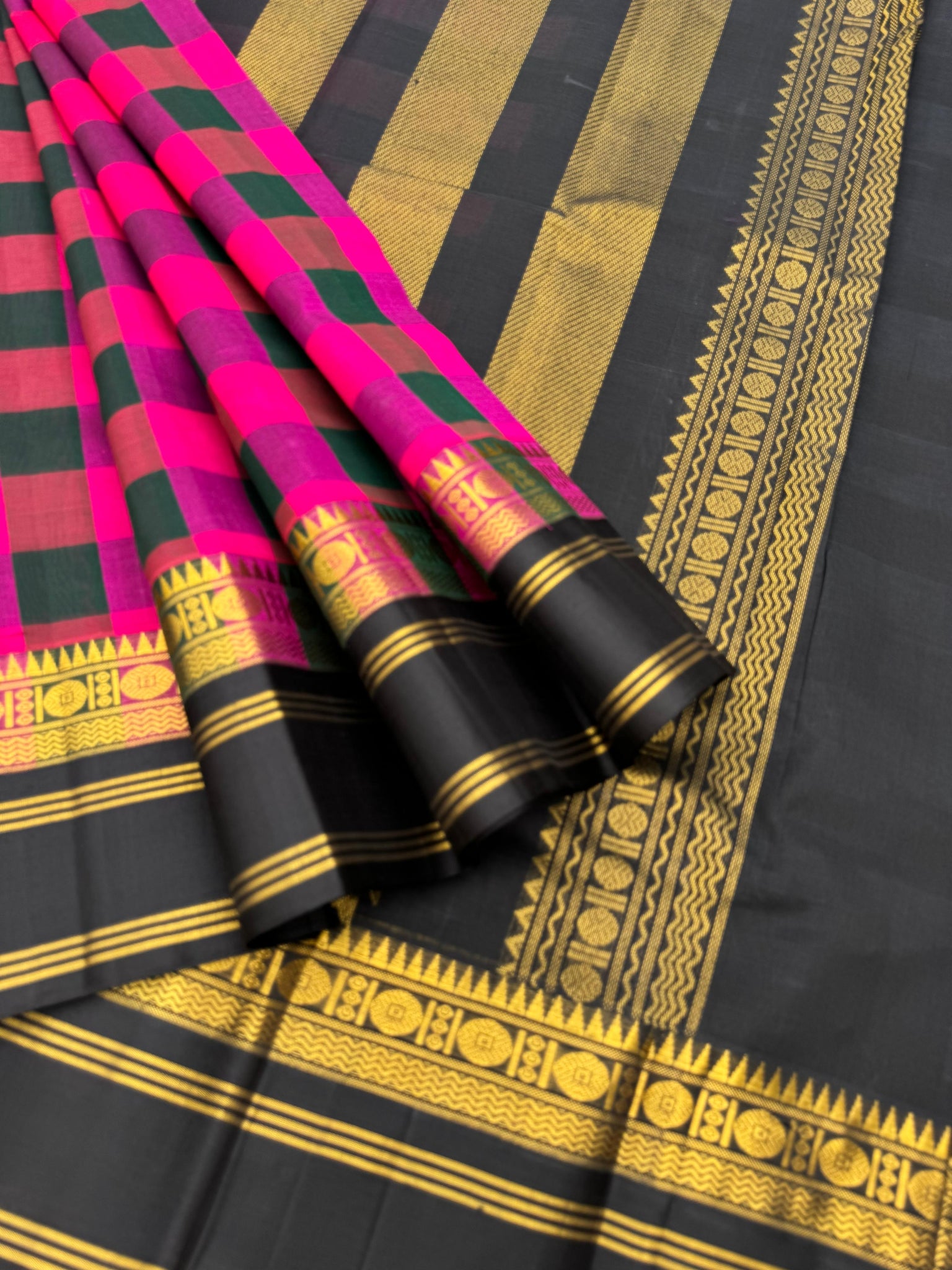 Korvai Silk Cottons -dark pink and dark green body chex with black pallu and blouse