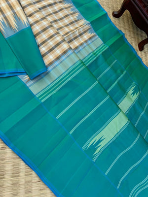 Recipe of Rarest Korvai Kanchivaram - stunning most beautiful beige off white and black chex body with aqua blue borders pallu and blouse