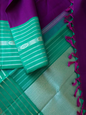 Vintage Ragas on Kanchivaram - stunning deepest purple and green with silver zari woven korvai borders