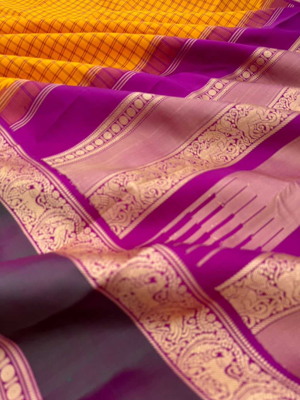 The Best of No Zari Korvai Kanchivaram - the traditional traditional mango yellow and majestic majenta yali woven borders