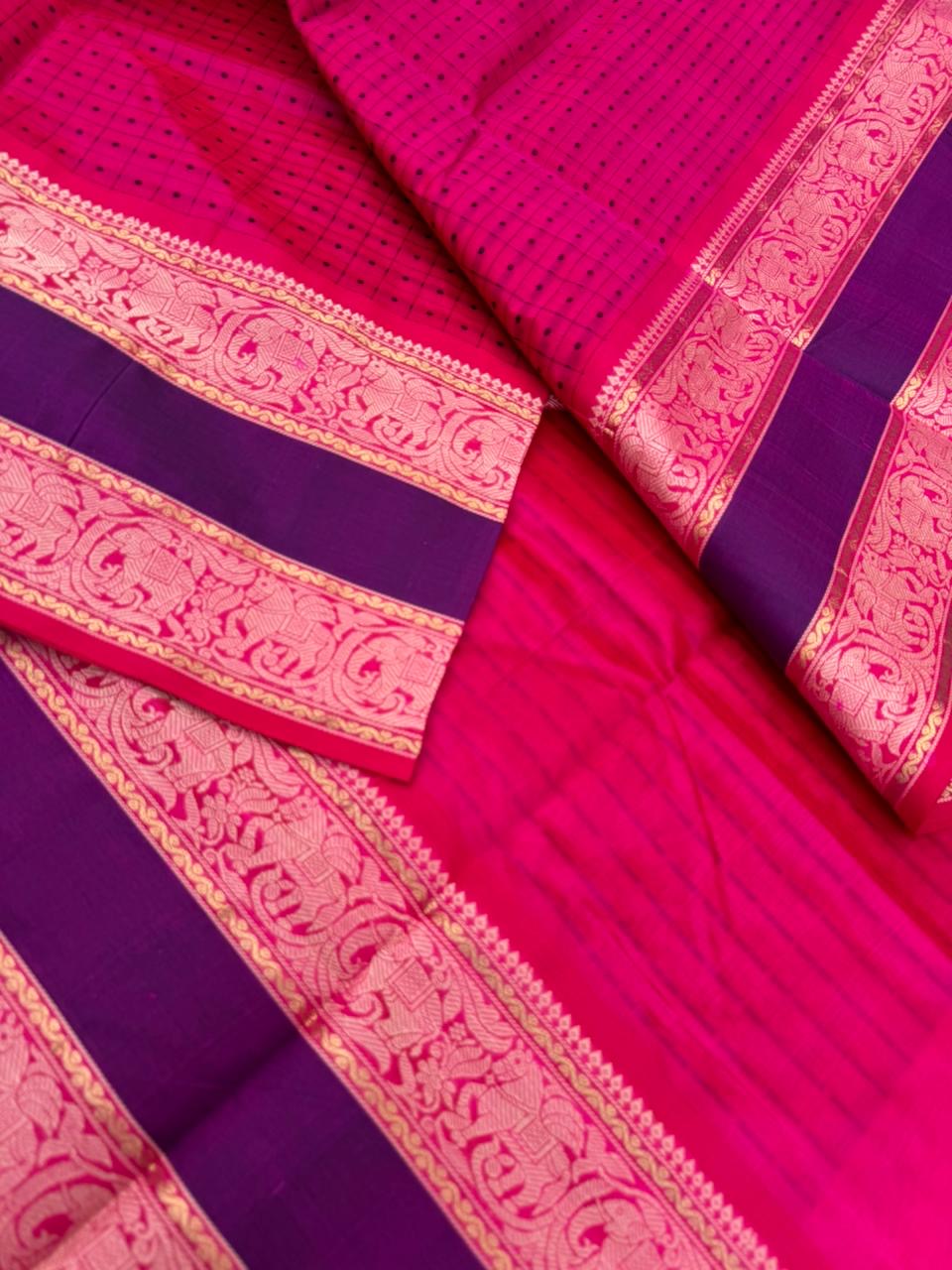 Woven Motifs Silk Cotton - deep dark pink lakshadeepam with broad borders