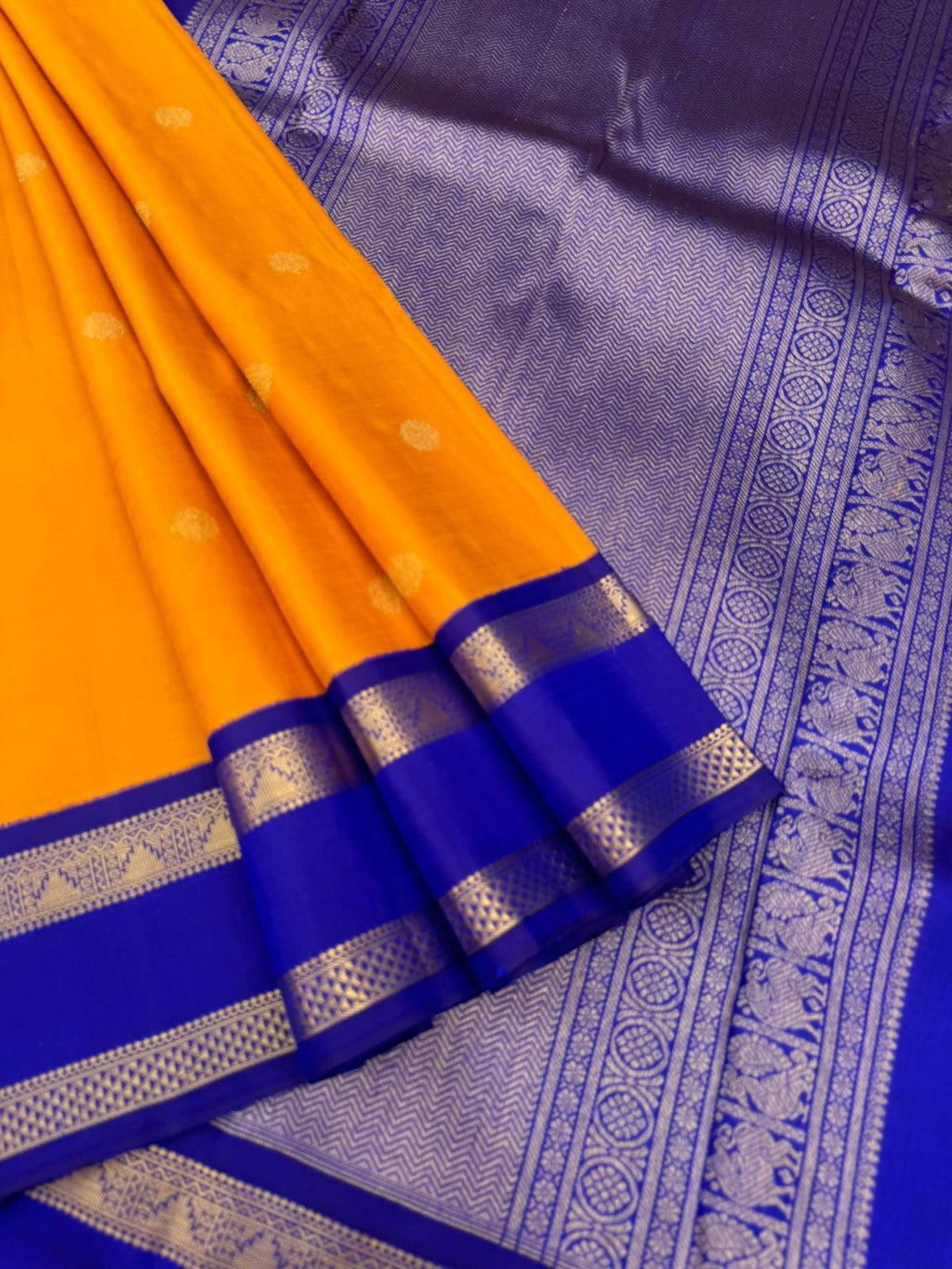 Colour Play on Kanchivaram - stunning yellow and ms blue korvai kanchivaram with retta pett woven perfect borders