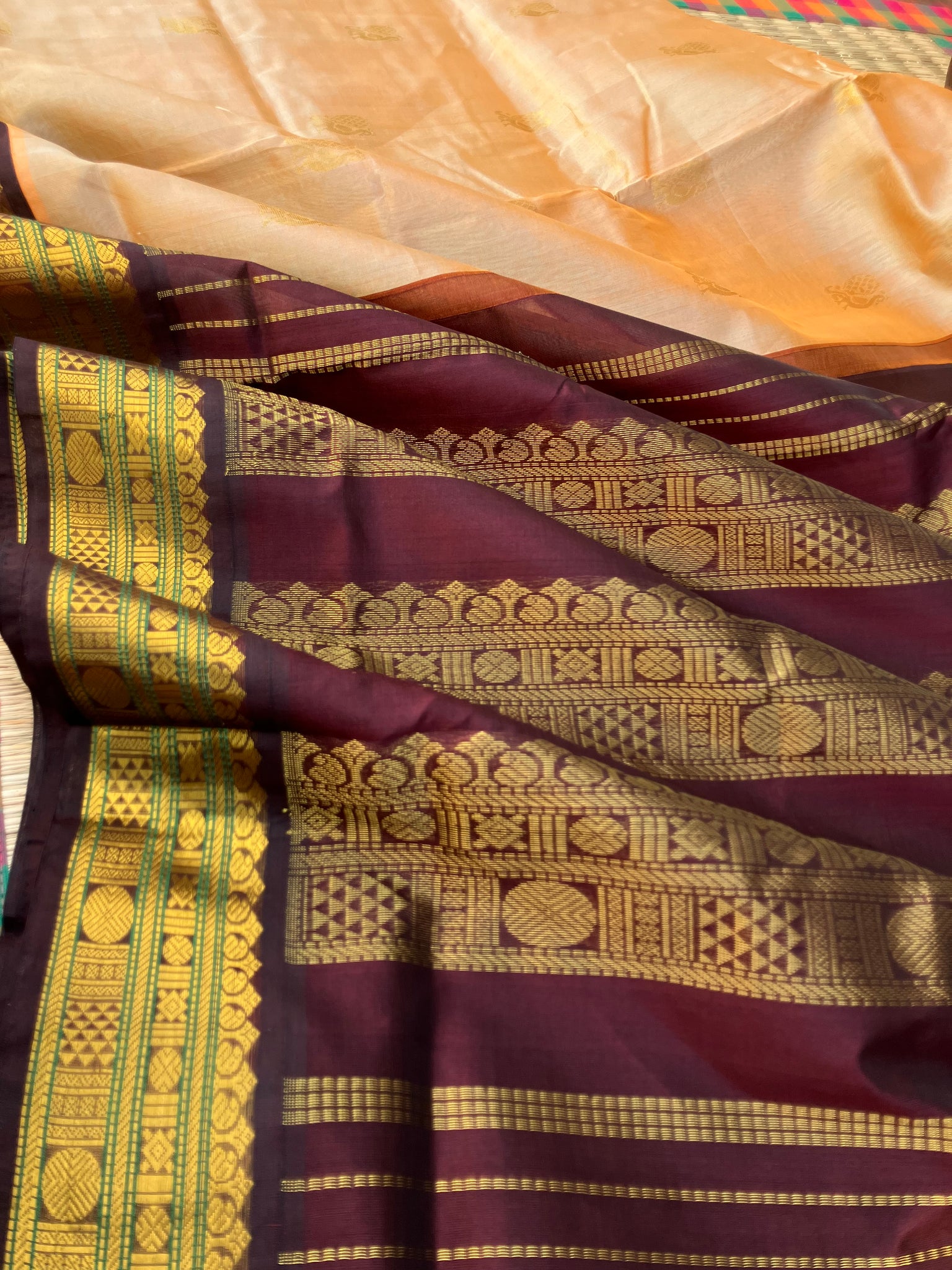 Korvai Silk Cotton - unusual rusty cream body and coffee bean pallu and blouse
