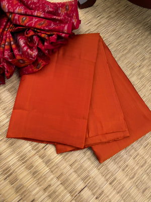 Niram - Celebrating of Full Plain Kanchivaram Silks Paired with Beautiful Blouses - rust orange saree with silk ikkat dark red blouse