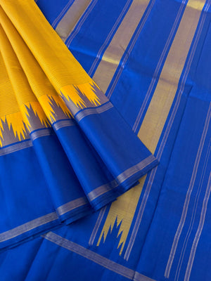 Art of Kai Korvai Kanchivaram - mustard strips woven body with blue and green ganga jammuna woven borders