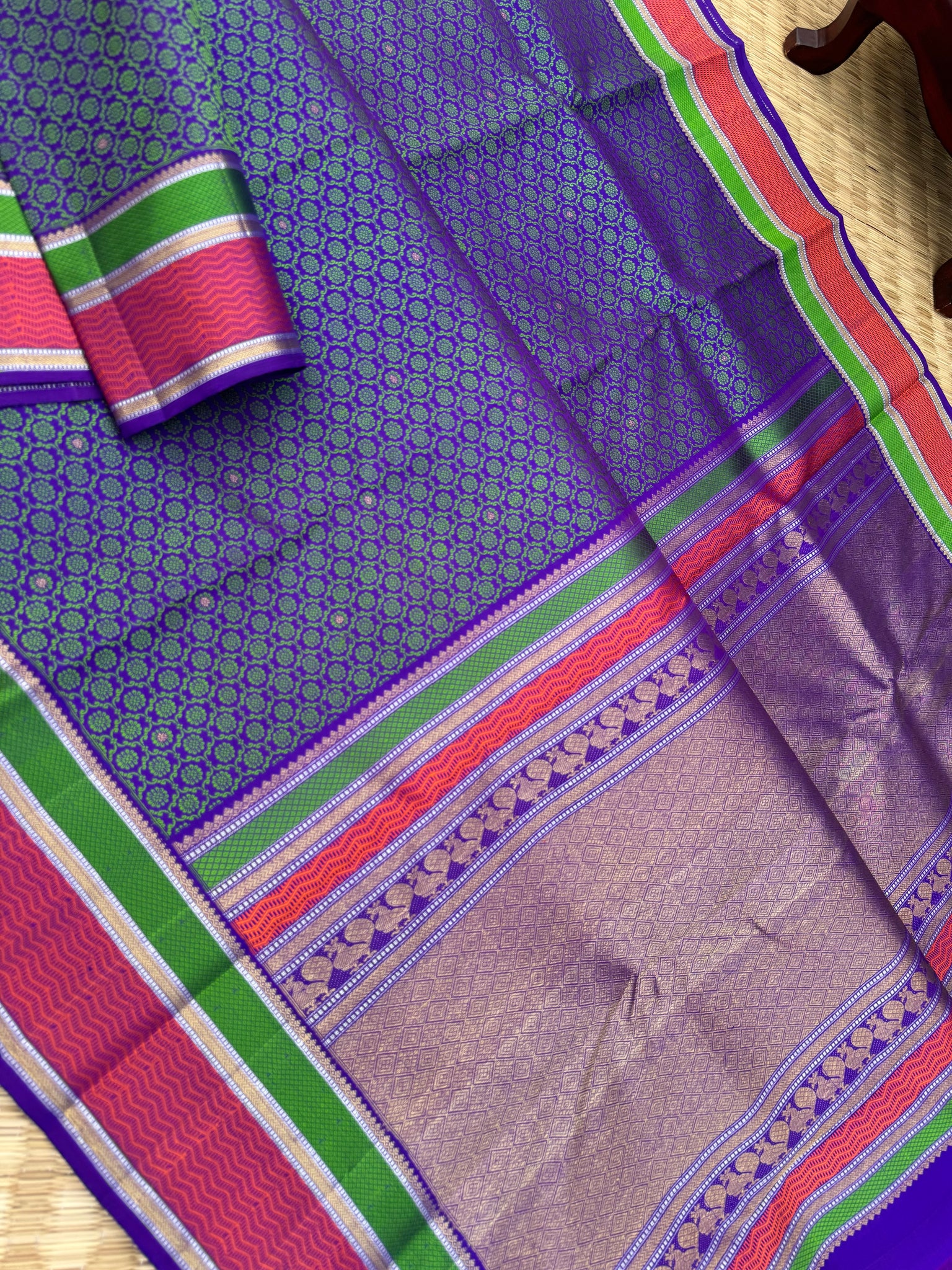 Haritham - Heirloom Yarn Play on Kanchivaram - stunning dual tone peacock violet green with full body rudurakasham weave