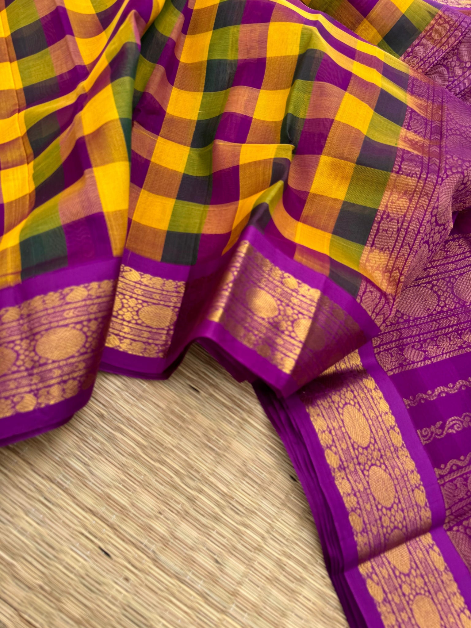 Korvai Silk Cottons - deep pink mustard and green paalum palamum chex