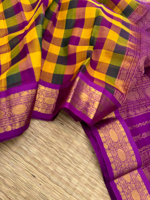 Korvai Silk Cottons - deep pink mustard and green paalum palamum chex