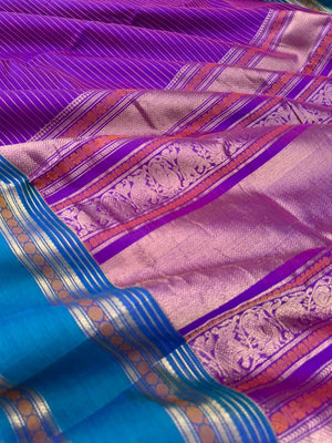 Zari Kissed Silk Cotton - deep purple and burnt blue oosi strips
