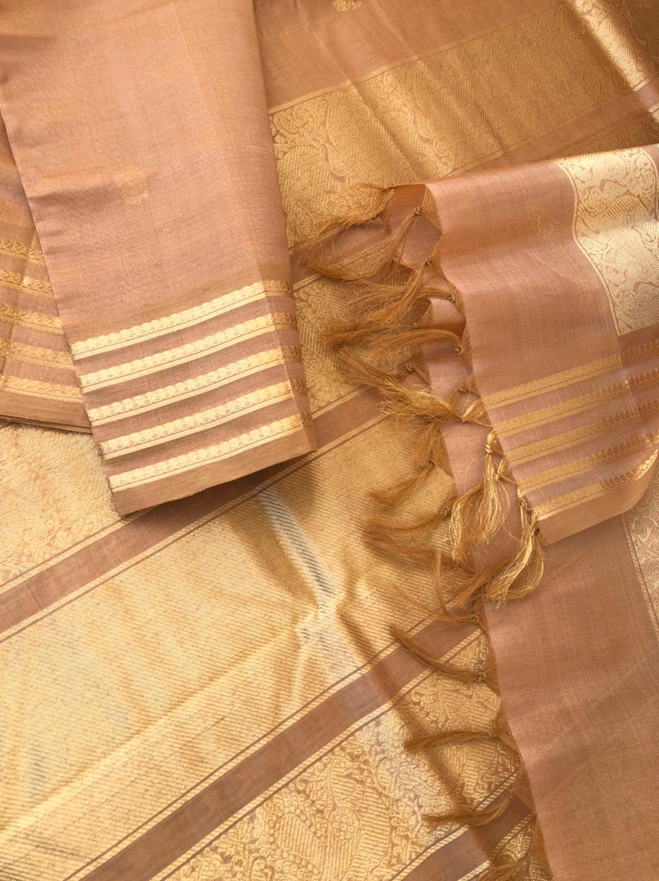 Zari Kissed Silk Cotton - a perfect rose gold sandal wood tone varusai pett woven borders