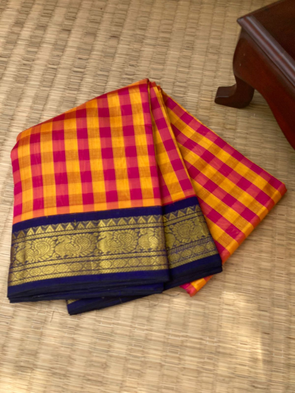 Paalum Palamum Kattams Korvai Silk Cottons - mustard and pink with navy blue