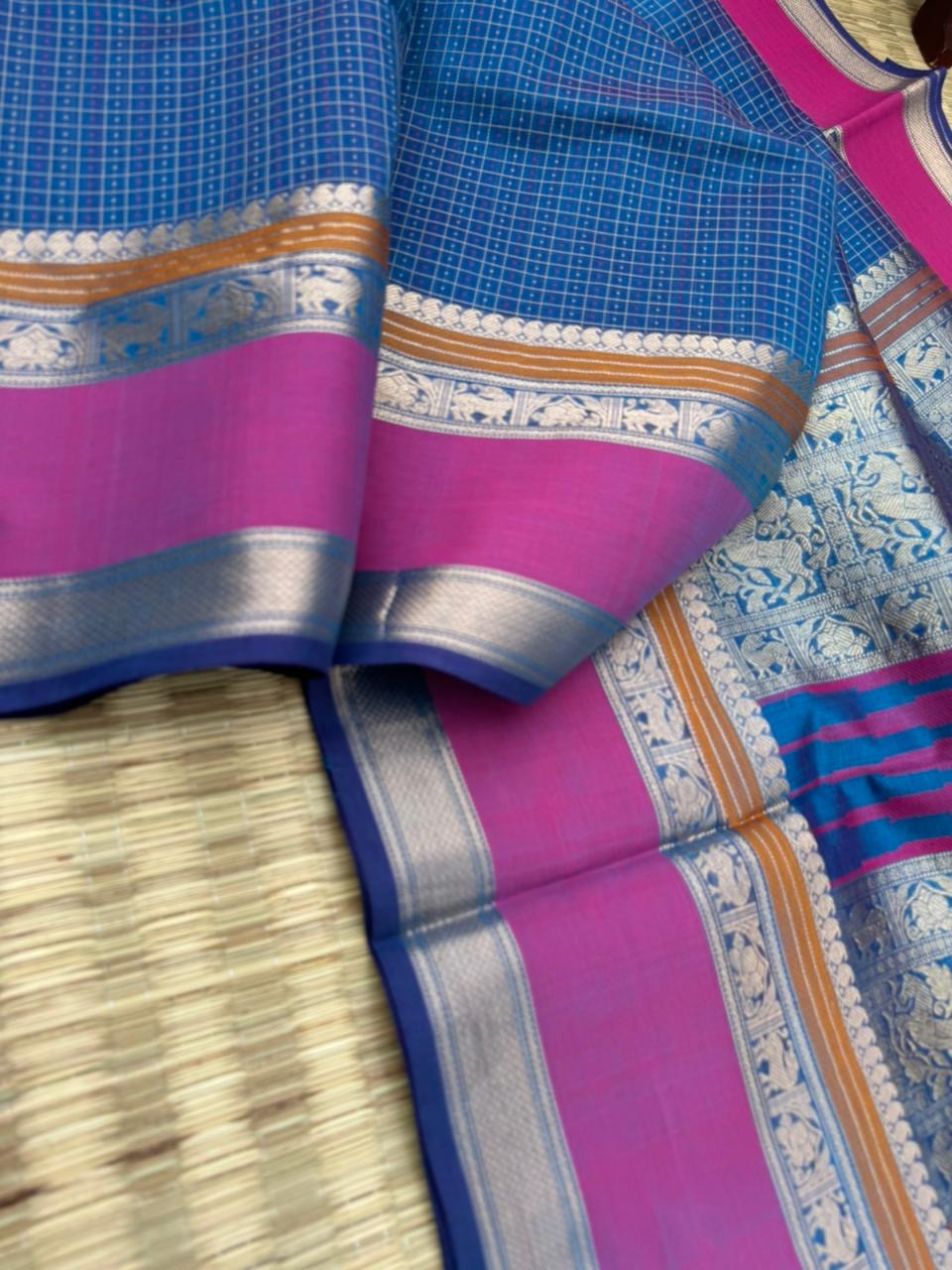 Woven Motifs Silk Cotton - burnt blue lakshadeepam