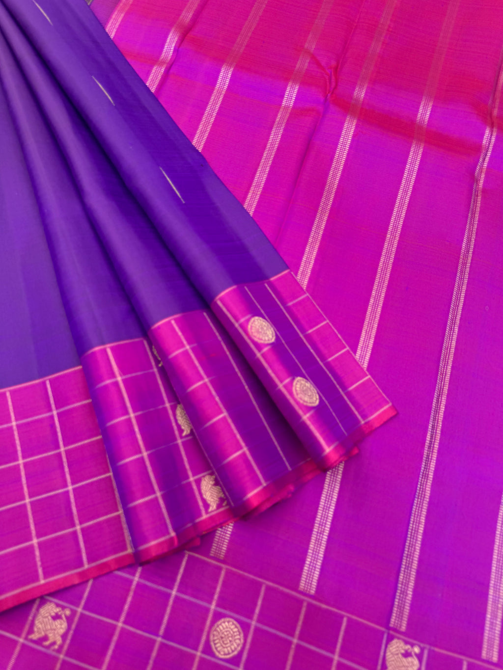 Diwali Edits - Kanchivaram For All Occasions - stunning violet and majentha with borders woven kattam buttas with rain drop woven body buttas