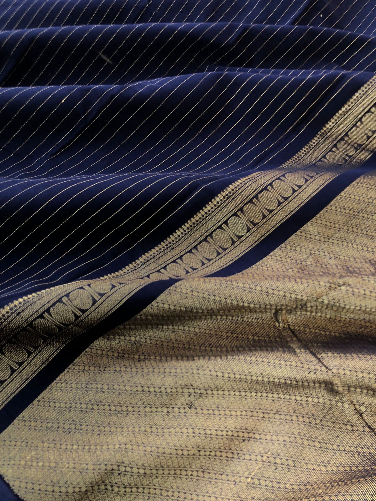 Mangalavastaram - Zari Touched - deep navy blue borderless vertical muthu stripes