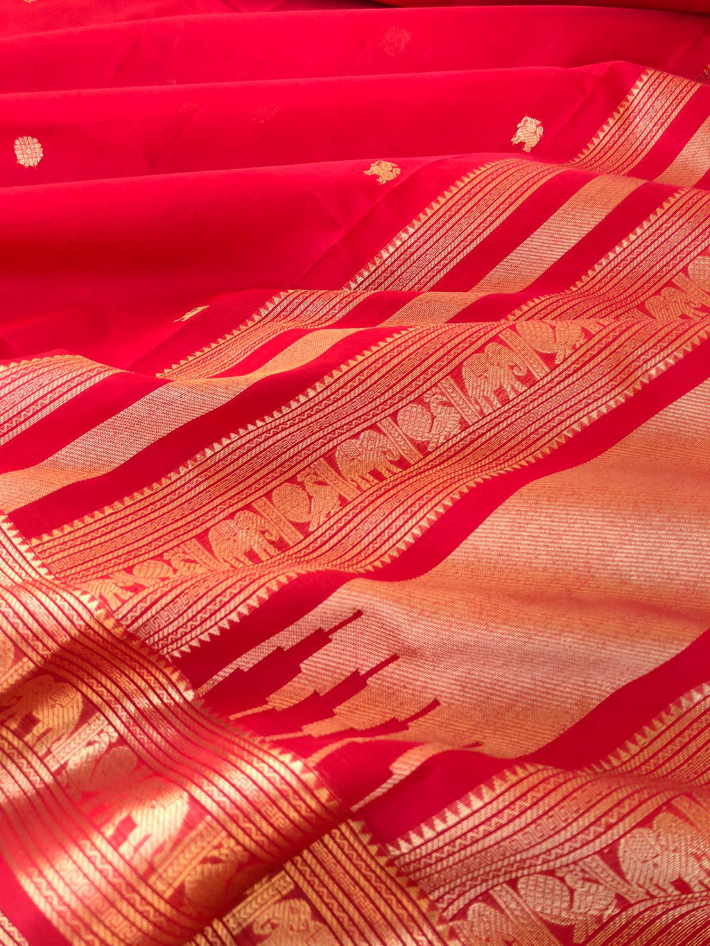Zari Kissed Silk Cotton - stunning traditional red with yannai and annapakshi woven borders