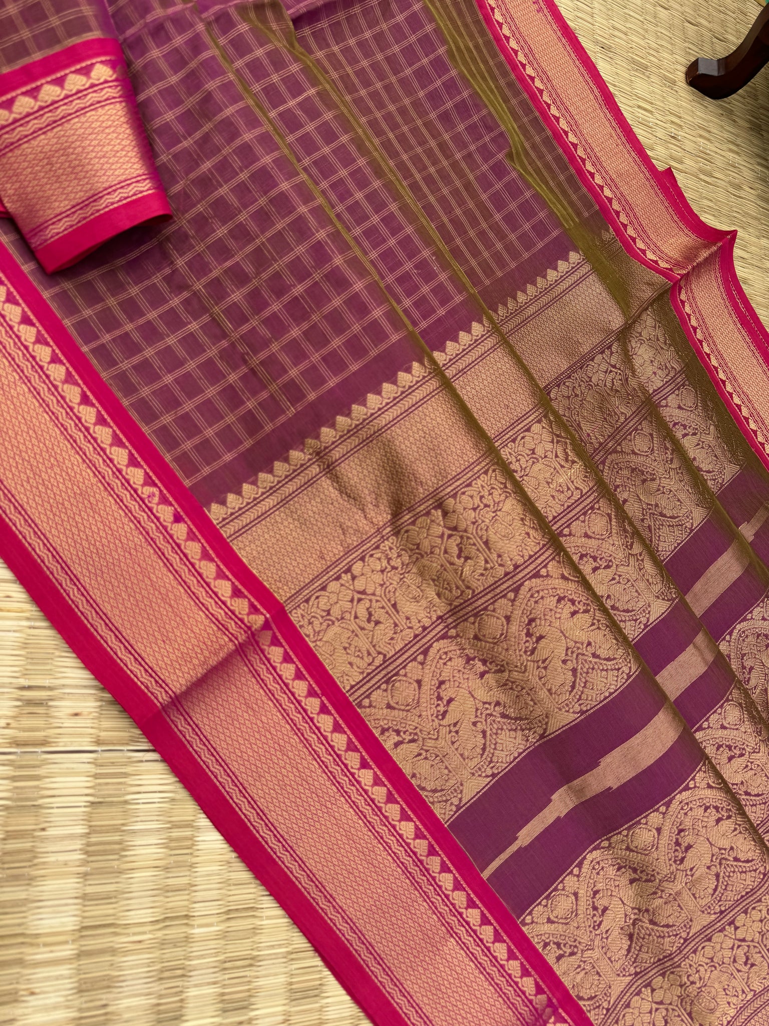 Zari Kissed Silk Cotton - algae green mixed pink we get this unusual keva tone