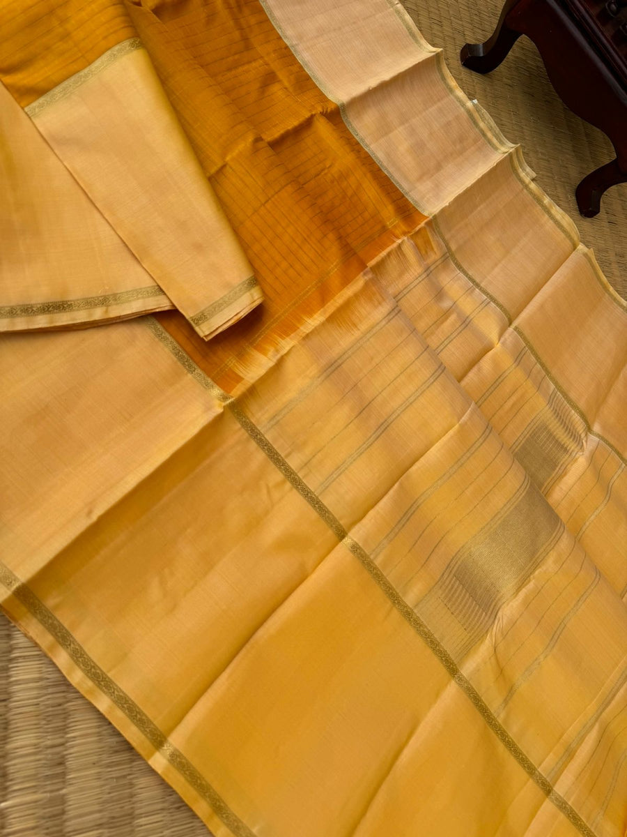Pastel Ragas on Kanchivaram - deep mustard kattam borders with creamy ...