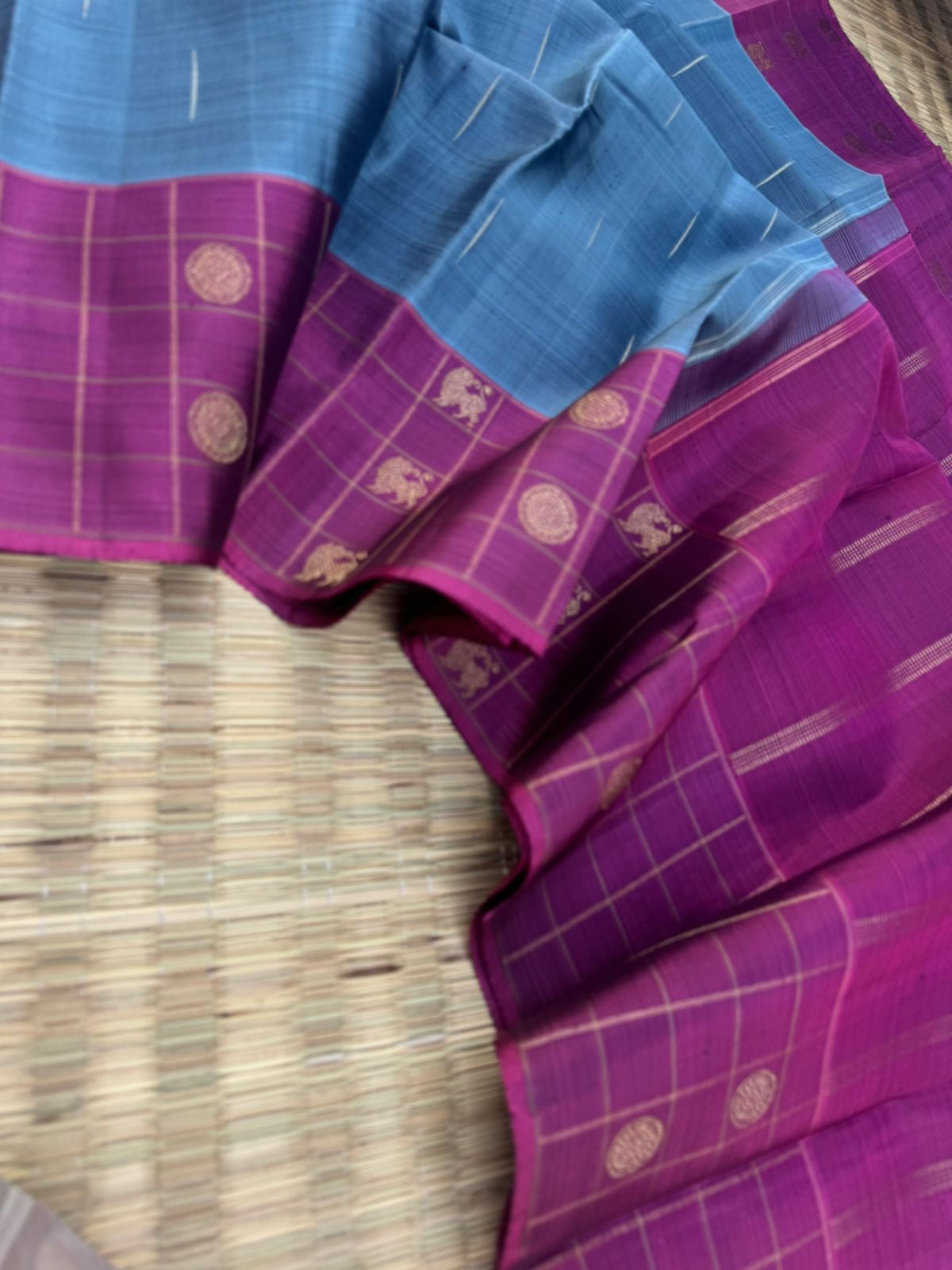 Shree - Simple and Elegant Kanchivarams - a bluish grey tone kanchivaram with raindrops woven buttas with yali and rudurakasham buttas woven chex borders
