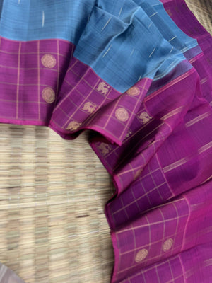 Shree - Simple and Elegant Kanchivarams - a bluish grey tone kanchivaram with raindrops woven buttas with yali and rudurakasham buttas woven chex borders