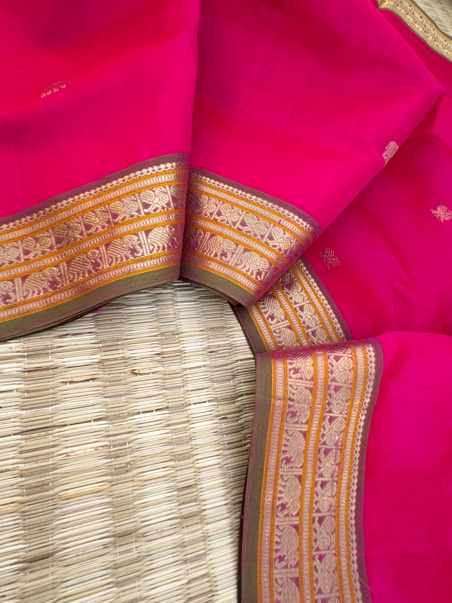 Zari Kissed Silk Cotton -gorgeous pink with parrots woven in the junction of pallu and body