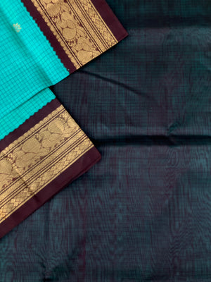 Korvai Silk Cotton - teal and coffee bean zari kattam