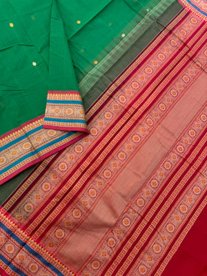Mangalavastaram - green and red with meenakari woven borders and pallu